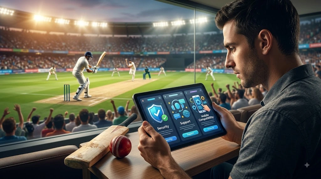 Cricket fan comparing online cricket platforms on a tablet