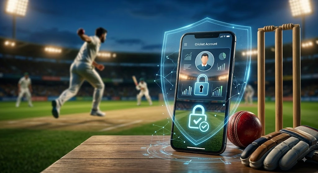 Secure online cricket ID account with cricket stadium background