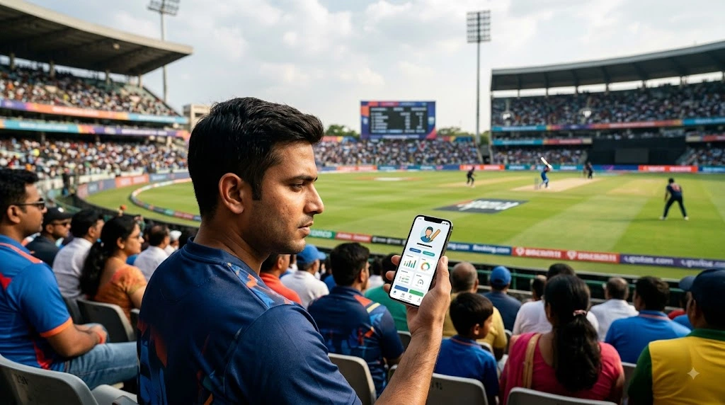 Cricket fan using an online cricket account at a stadium
